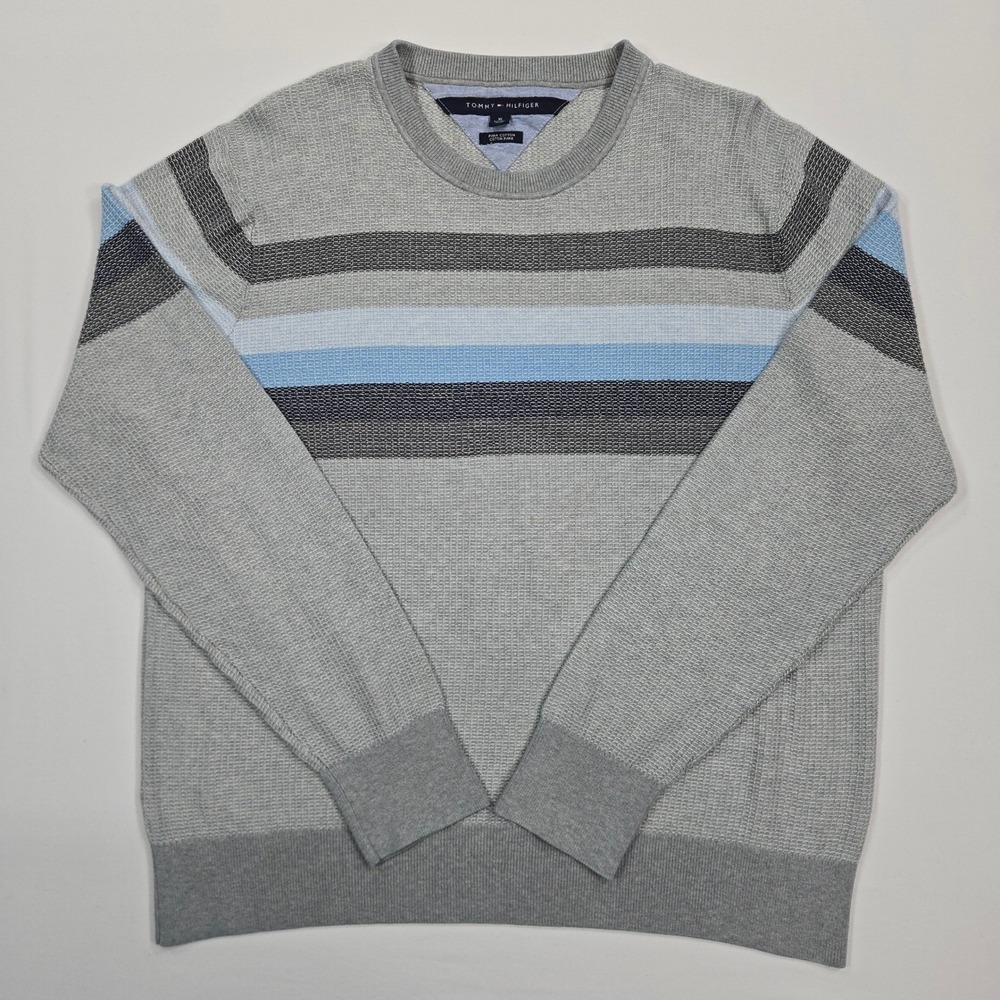 Tommy Hilfiger Men's XL Gray Blue Striped Pima Cotton Crewneck Sweater
